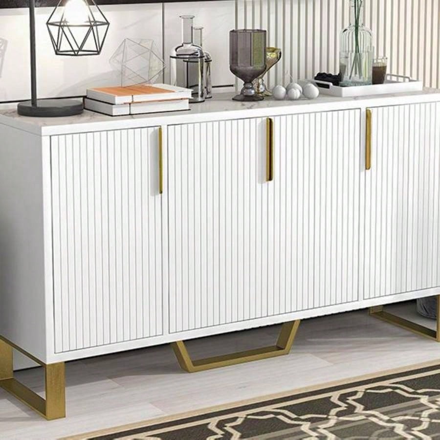 Modern sideboard with Four Doors, Metal handles and Adjustable Shelves Kitchen Cabinet White