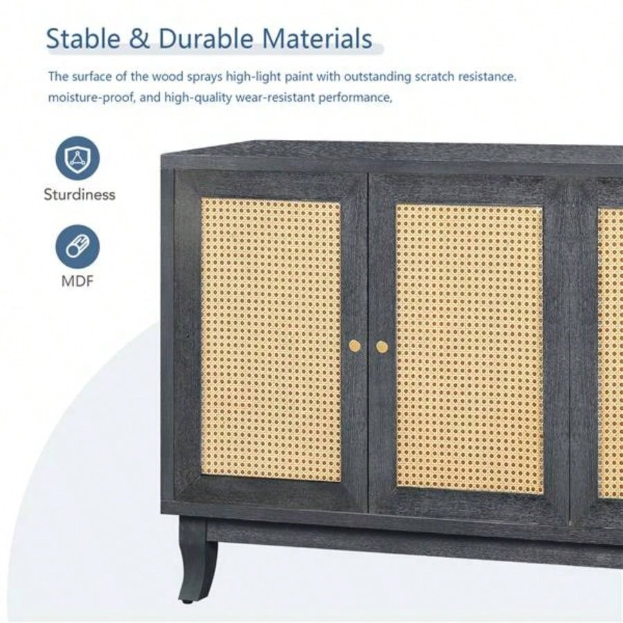 Handcrafted Premium Grain Panels, Rattan Sideboard Buffer Cabinet With 4 Rattan Doors, Modern Storage Cupboard Console Table with Adjustable Shelves Living RoomAntique Dark Gray