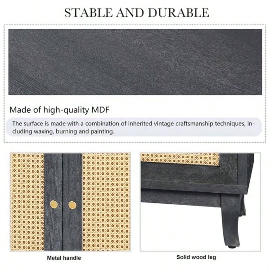 Handcrafted Premium Grain Panels, Rattan Sideboard Buffer Cabinet With 4 Rattan Doors, Modern Storage Cupboard Console Table with Adjustable Shelves Living RoomAntique Dark Gray