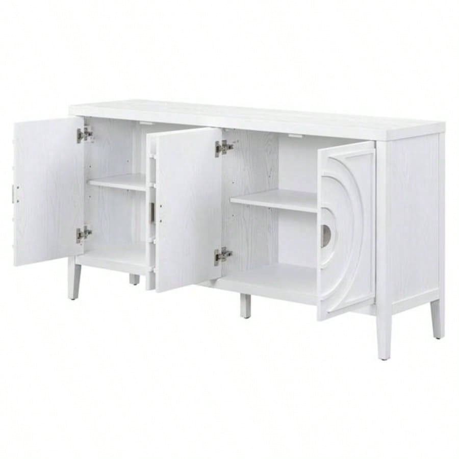 Retro Sideboard door with Circular Groove Design Round Metal Door Handle Entrance, Dinning Room, Living Room White