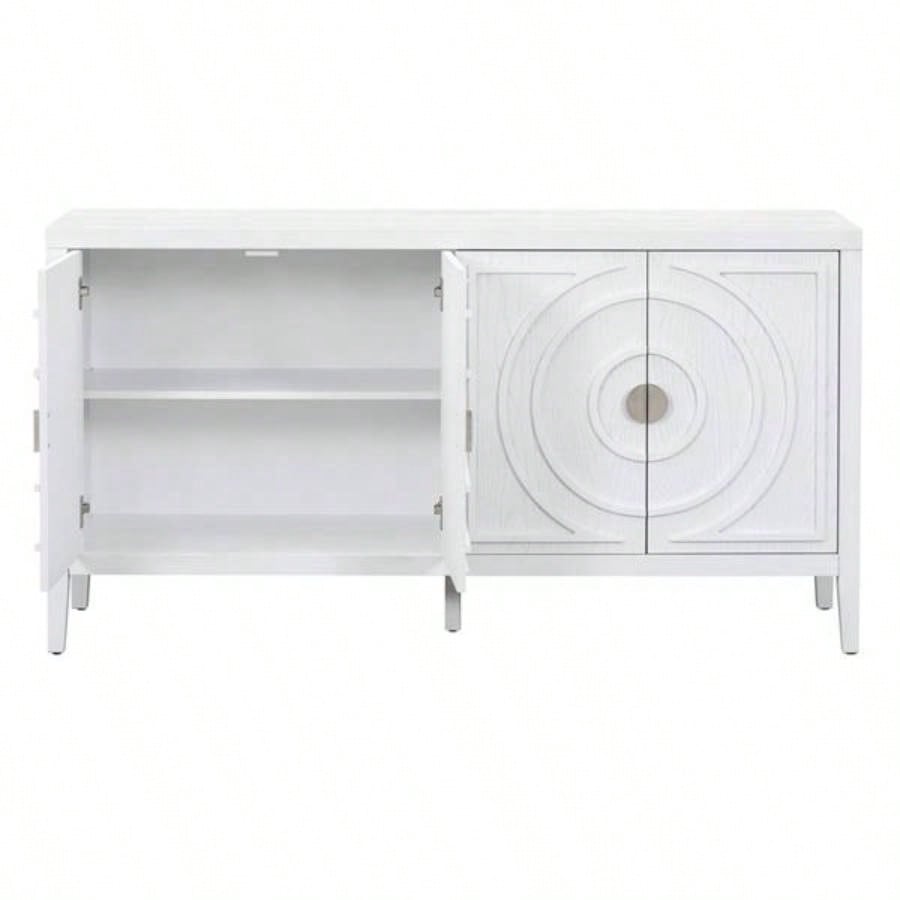 Retro Sideboard door with Circular Groove Design Round Metal Door Handle Entrance, Dinning Room, Living Room White