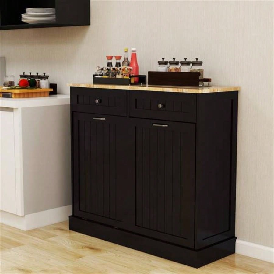 Two Drawers and Two - Compartment Tilt - Out Trash Cabinet Kitchen Trash Cabinet - Black