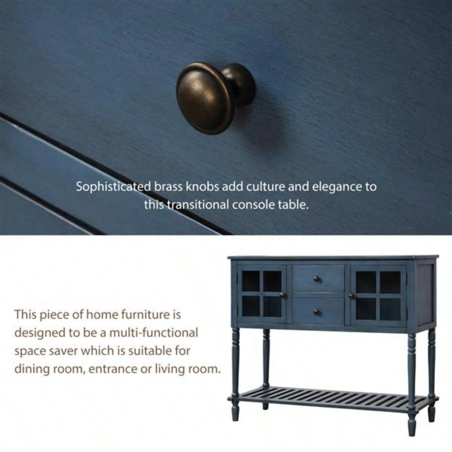 Sideboard Console Table with Bottom Shelf, Farmhouse Wood/Glass Buffet Storage Cabinet Living Room Antique Navy