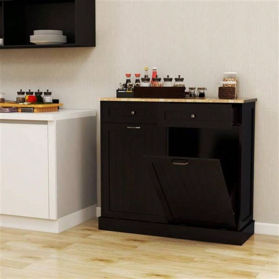 Two Drawers and Two - Compartment Tilt - Out Trash Cabinet Kitchen Trash Cabinet - Black