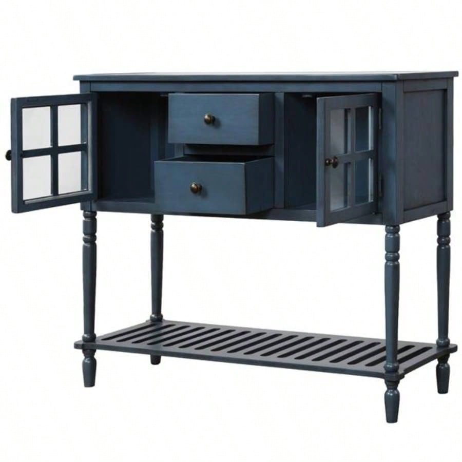 Sideboard Console Table with Bottom Shelf, Farmhouse Wood/Glass Buffet Storage Cabinet Living Room Antique Navy