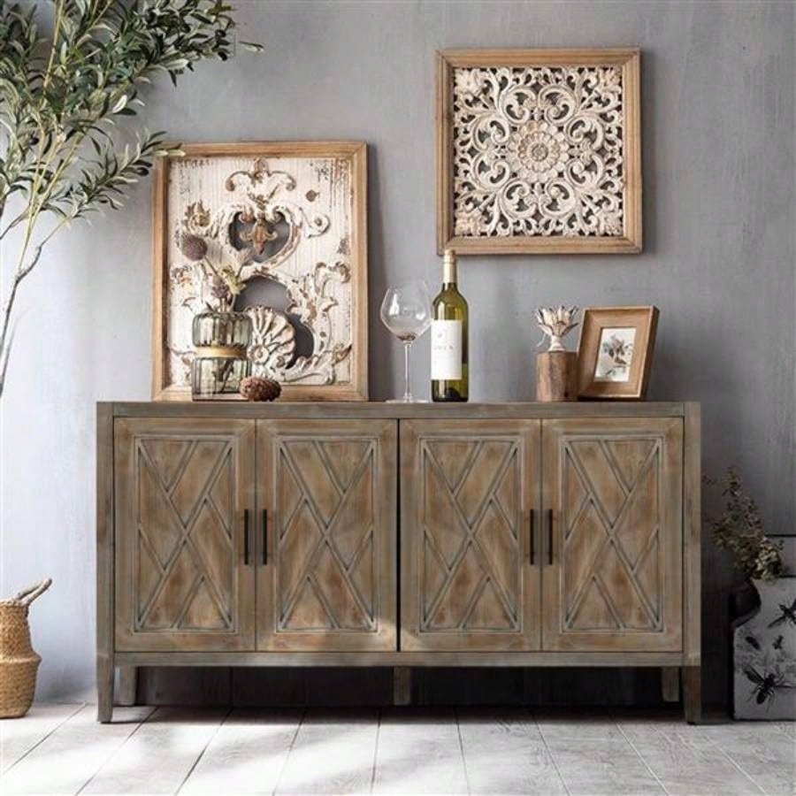 4 Door Wooden Twill Sideboard American Country Vintage Old Living Room Dining Room Hallway Entryway Cabinet Brown