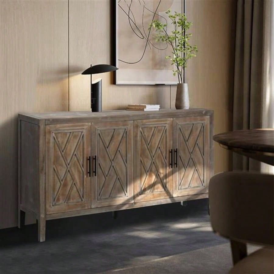 4 Door Wooden Twill Sideboard American Country Vintage Old Living Room Dining Room Hallway Entryway Cabinet Brown