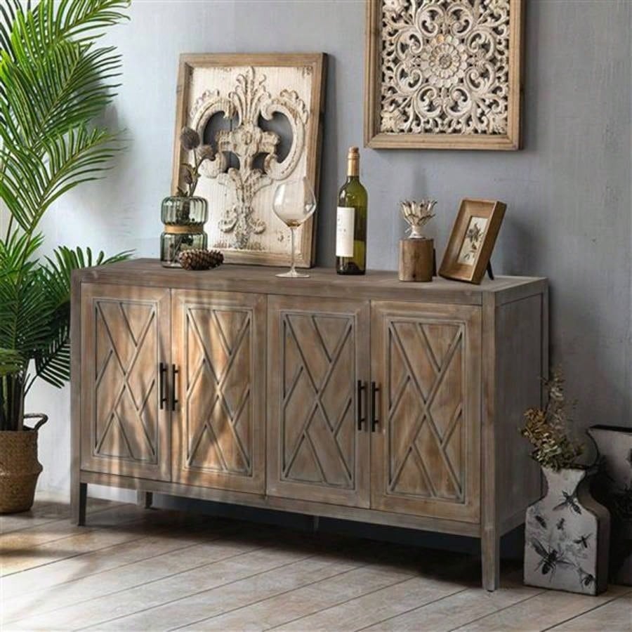 4 Door Wooden Twill Sideboard American Country Vintage Old Living Room Dining Room Hallway Entryway Cabinet Brown