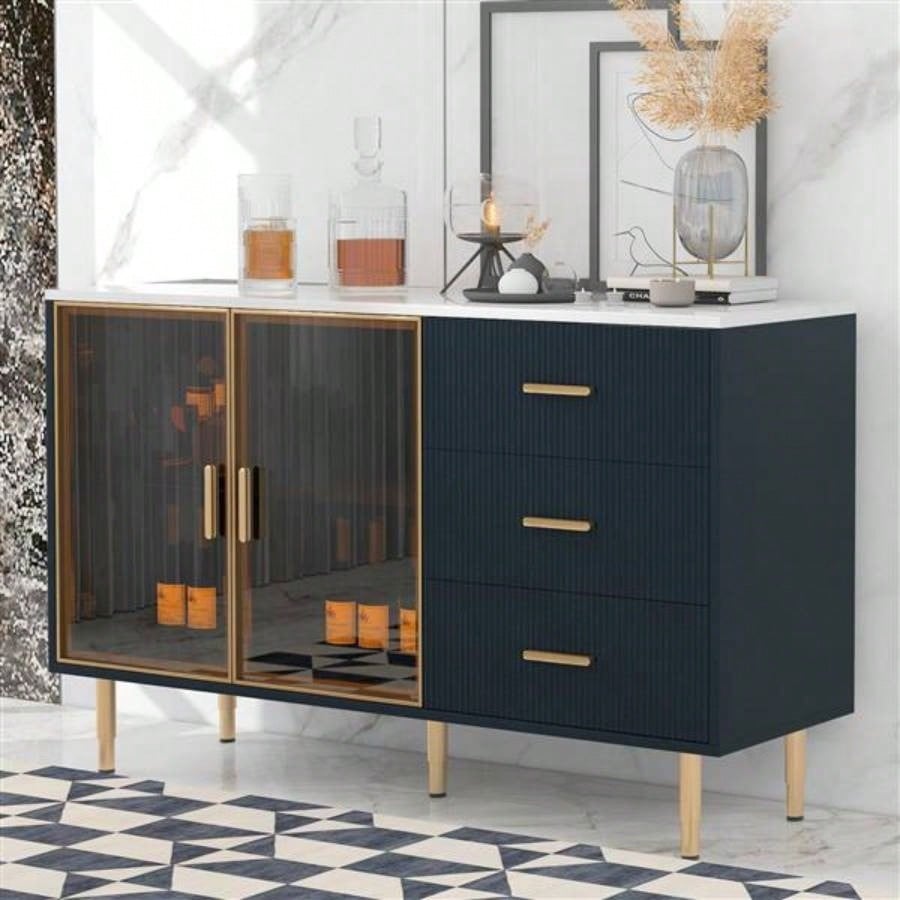 Modern Sideboard MDF Buffet Cabinet Marble Sticker Tabletop and Amber - yellow Tempered Glass Doors with Gold Metal Handles Navy Blue