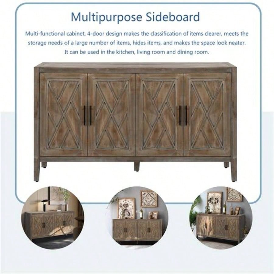 4 Door Wooden Twill Sideboard American Country Vintage Old Living Room Dining Room Hallway Entryway Cabinet Brown
