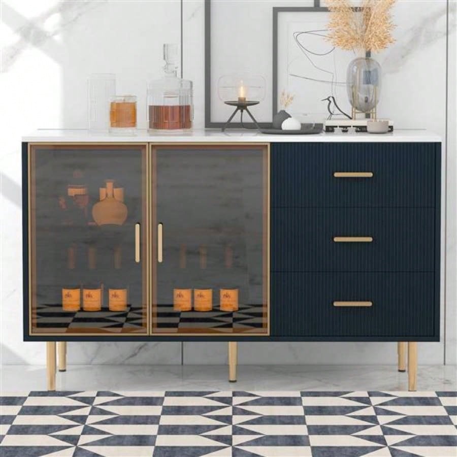Modern Sideboard MDF Buffet Cabinet Marble Sticker Tabletop and Amber - yellow Tempered Glass Doors with Gold Metal Handles Navy Blue
