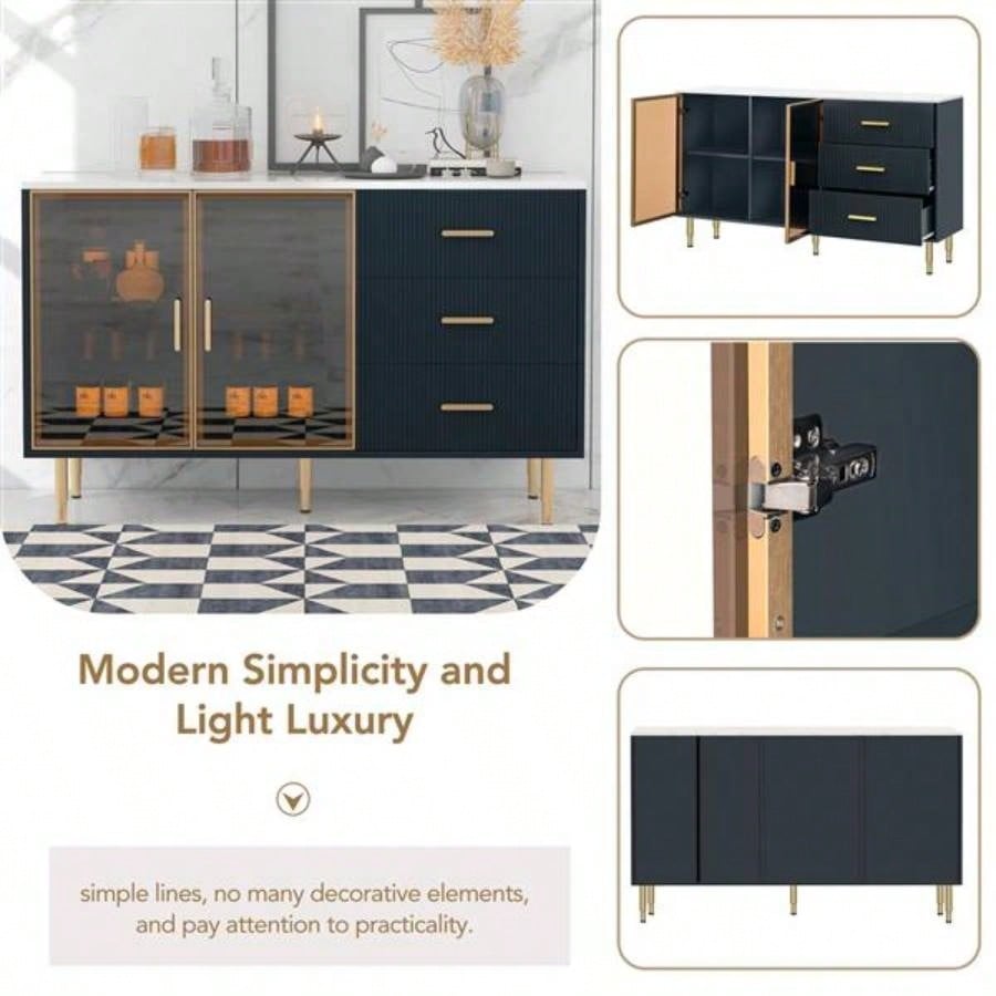 Modern Sideboard MDF Buffet Cabinet Marble Sticker Tabletop and Amber - yellow Tempered Glass Doors with Gold Metal Handles Navy Blue