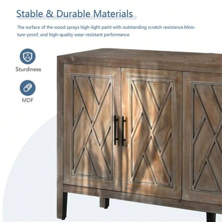 4 Door Wooden Twill Sideboard American Country Vintage Old Living Room Dining Room Hallway Entryway Cabinet Brown