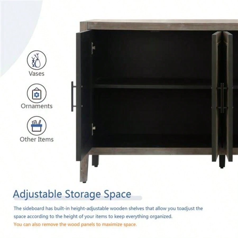 4 Door Wooden Twill Sideboard American Country Vintage Old Living Room Dining Room Hallway Entryway Cabinet Brown