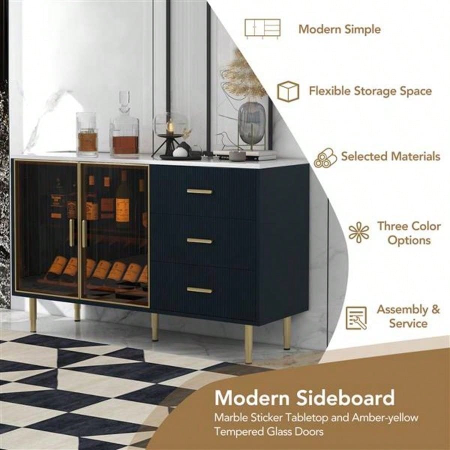 Modern Sideboard MDF Buffet Cabinet Marble Sticker Tabletop and Amber - yellow Tempered Glass Doors with Gold Metal Handles Navy Blue