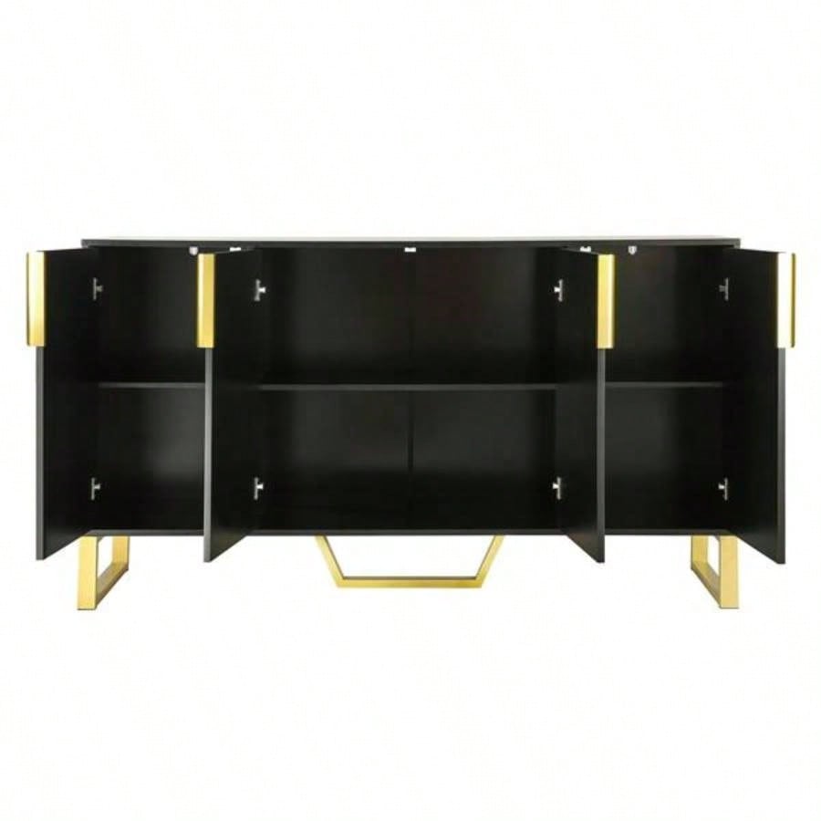 Modern sideboard with Four Doors, Metal handles and Adjustable Shelves Kitchen Cabinet Black