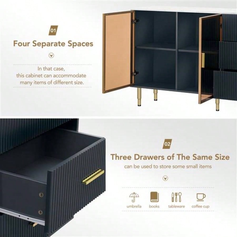 Modern Sideboard MDF Buffet Cabinet Marble Sticker Tabletop and Amber - yellow Tempered Glass Doors with Gold Metal Handles Navy Blue
