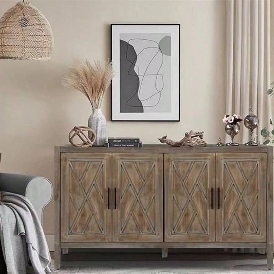4 Door Wooden Twill Sideboard American Country Vintage Old Living Room Dining Room Hallway Entryway Cabinet Brown