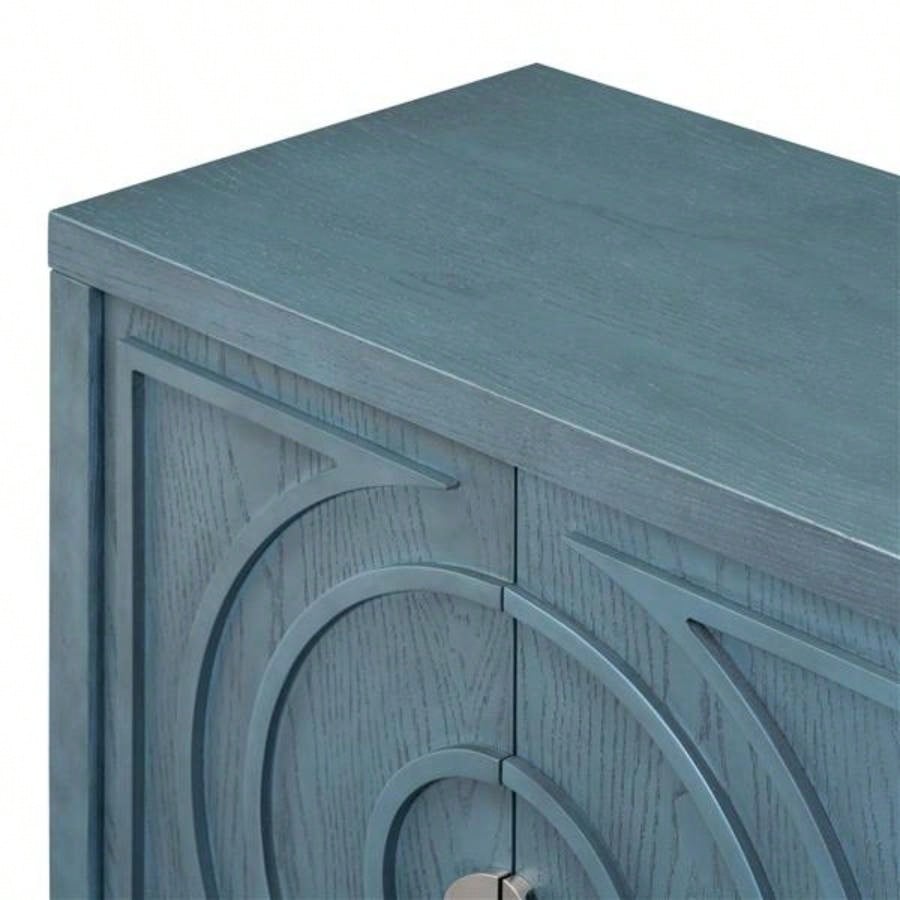 Retro Sideboard door with Circular Groove Design Round Metal Door Handle Entrance, Dinning Room, Living Room Antique Blue