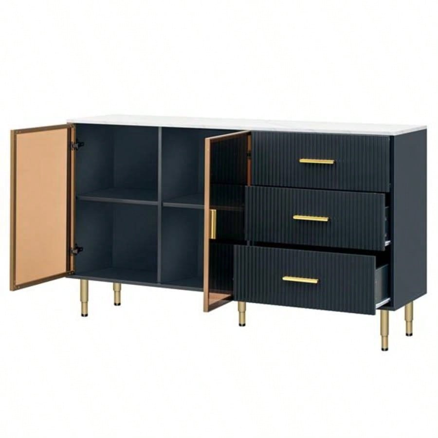 Modern Sideboard MDF Buffet Cabinet Marble Sticker Tabletop and Amber - yellow Tempered Glass Doors with Gold Metal Handles Navy Blue