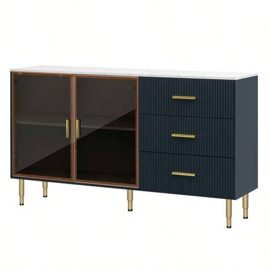 Modern Sideboard MDF Buffet Cabinet Marble Sticker Tabletop and Amber - yellow Tempered Glass Doors with Gold Metal Handles Navy Blue