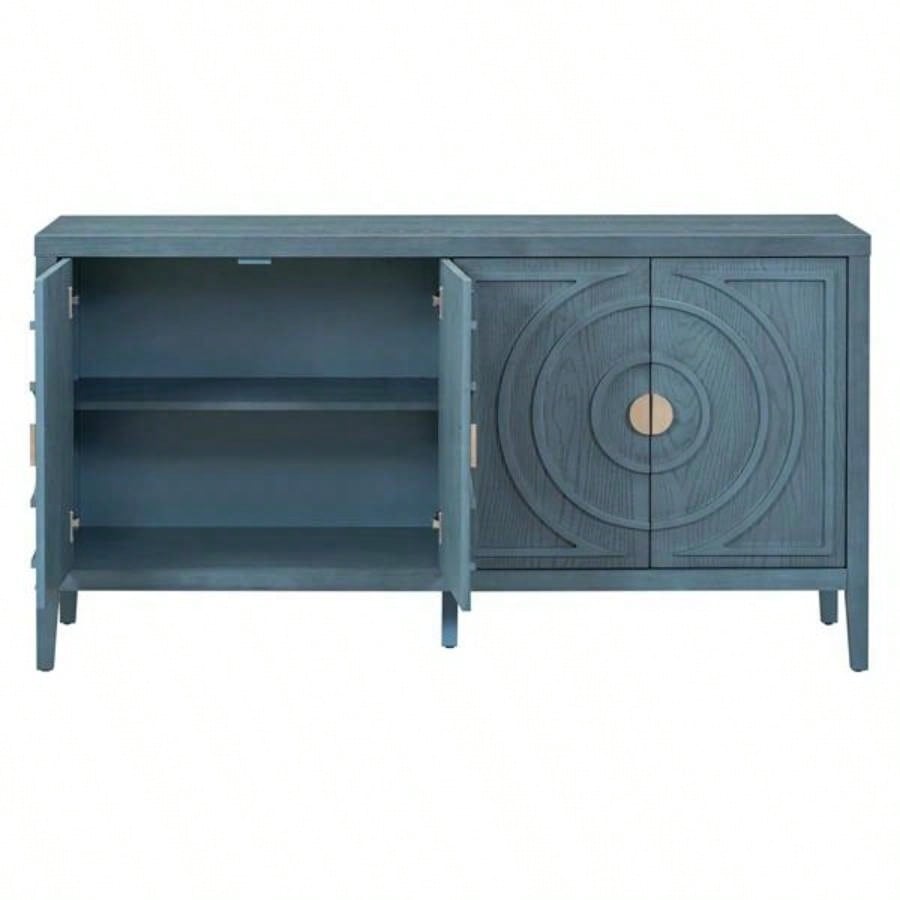 Retro Sideboard door with Circular Groove Design Round Metal Door Handle Entrance, Dinning Room, Living Room Antique Blue