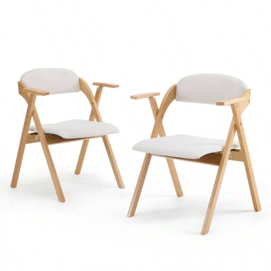 Set of 2 Wooden Folding Chairs with Padded Seats and Armrests, Portable Simple Folding Chairs with Cushion Guests Kitchen Office Wedding Party Picnic, Natural Frame with Beige Cushion