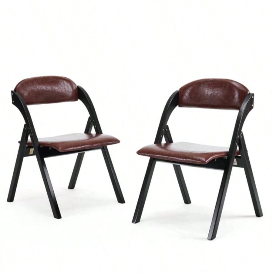 Set of 2 Wooden Folding Chairs with Padded Seats, Portable Simple Folding Chairs with Cushion Guests Kitchen Office Wedding Party Picnic, Black Frame with Walnut Cushion