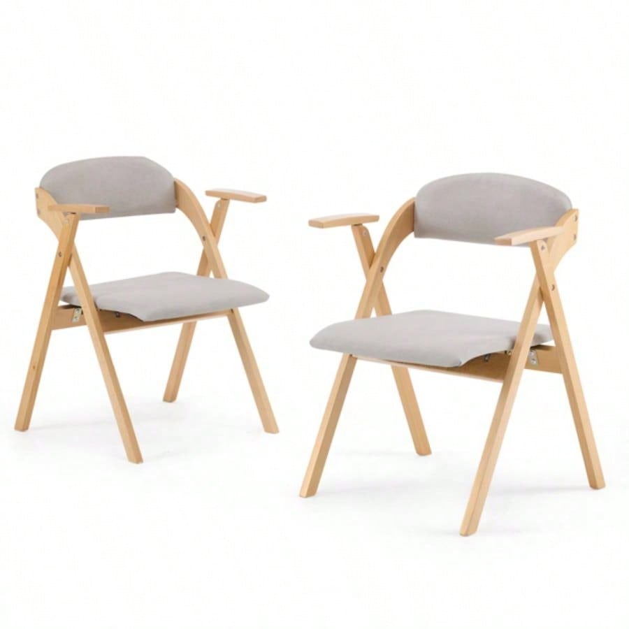 Set of 2 Wooden Folding Chairs with Padded Seats and Armrests, Portable Simple Folding Chairs with Cushion Guests Kitchen Office Wedding Party Picnic, Natural Frame with Light Gray Cushion