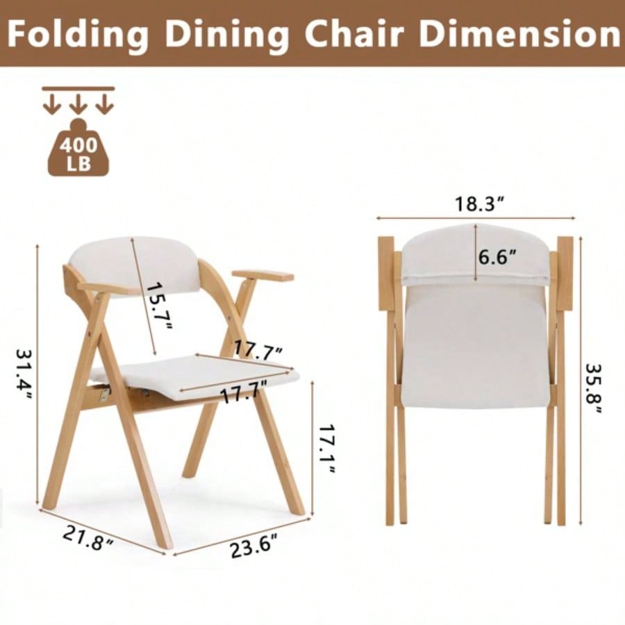 Set of 2 Wooden Folding Chairs with Padded Seats and Armrests, Portable Simple Folding Chairs with Cushion Guests Kitchen Office Wedding Party Picnic, Natural Frame with Beige Cushion