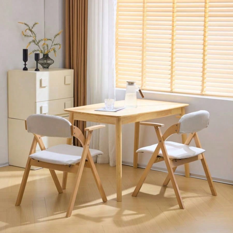 Set of 2 Wooden Folding Chairs with Padded Seats and Armrests, Portable Simple Folding Chairs with Cushion Guests Kitchen Office Wedding Party Picnic, Natural Frame with Beige Cushion