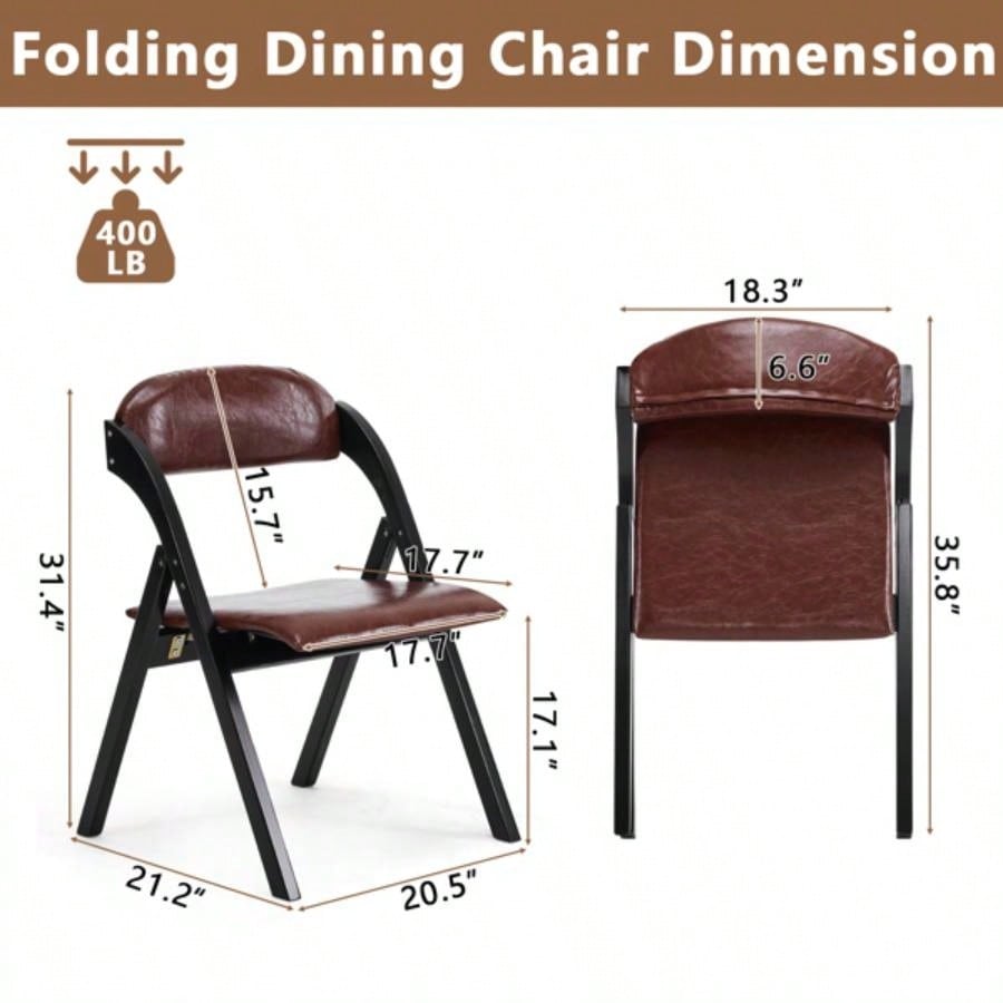 Set of 2 Wooden Folding Chairs with Padded Seats, Portable Simple Folding Chairs with Cushion Guests Kitchen Office Wedding Party Picnic, Black Frame with Walnut Cushion