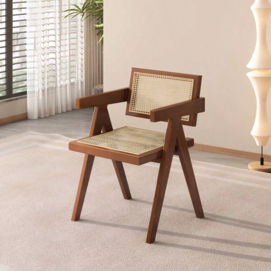 Modern Mid Dining Chairs Set of 2, Rattan Accent Chairs, Comfy Armchairs, Outdoor Wood Chairs with Armrest Bedroom Living Room Reading Room Dining Kitchen, Brown