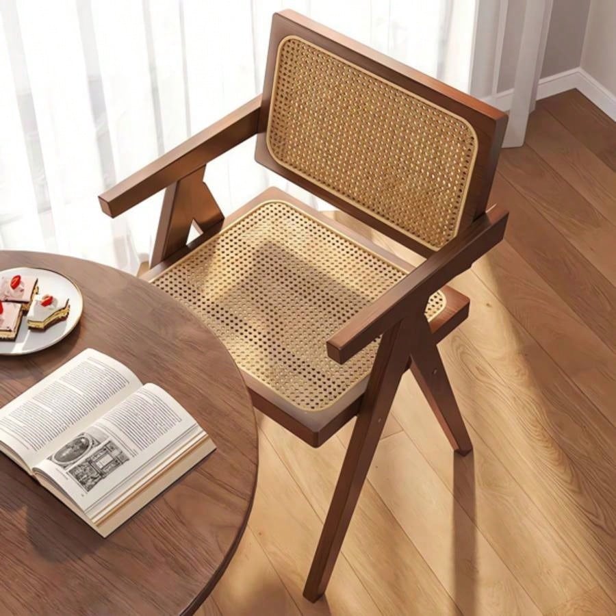 Modern Mid Dining Chairs Set of 2, Rattan Accent Chairs, Comfy Armchairs, Outdoor Wood Chairs with Armrest Bedroom Living Room Reading Room Dining Kitchen, Brown