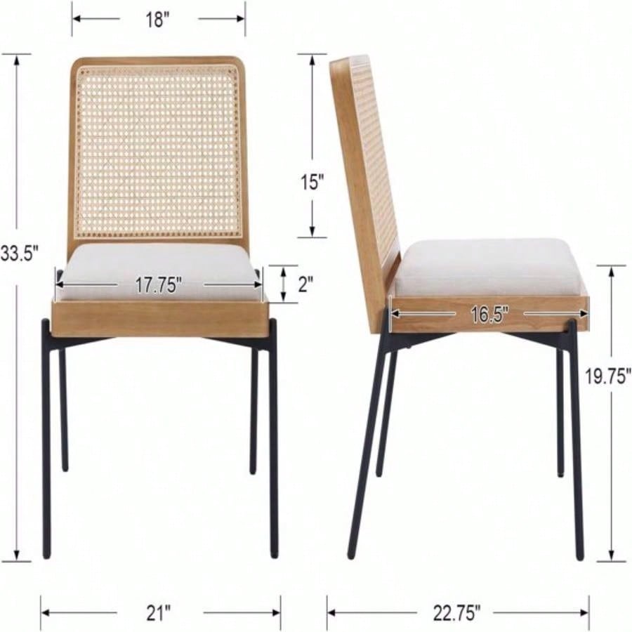 Mid - Dining Chairs Set of 2, Accent Linen Fabric Side Chairs with Rattan Backrest Metal Kitchen Chairs Dining Room Living Room