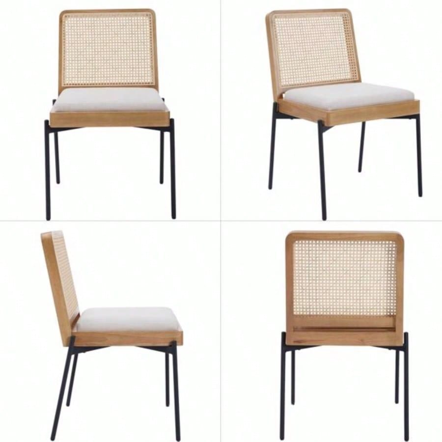 Mid - Dining Chairs Set of 2, Accent Linen Fabric Side Chairs with Rattan Backrest Metal Kitchen Chairs Dining Room Living Room