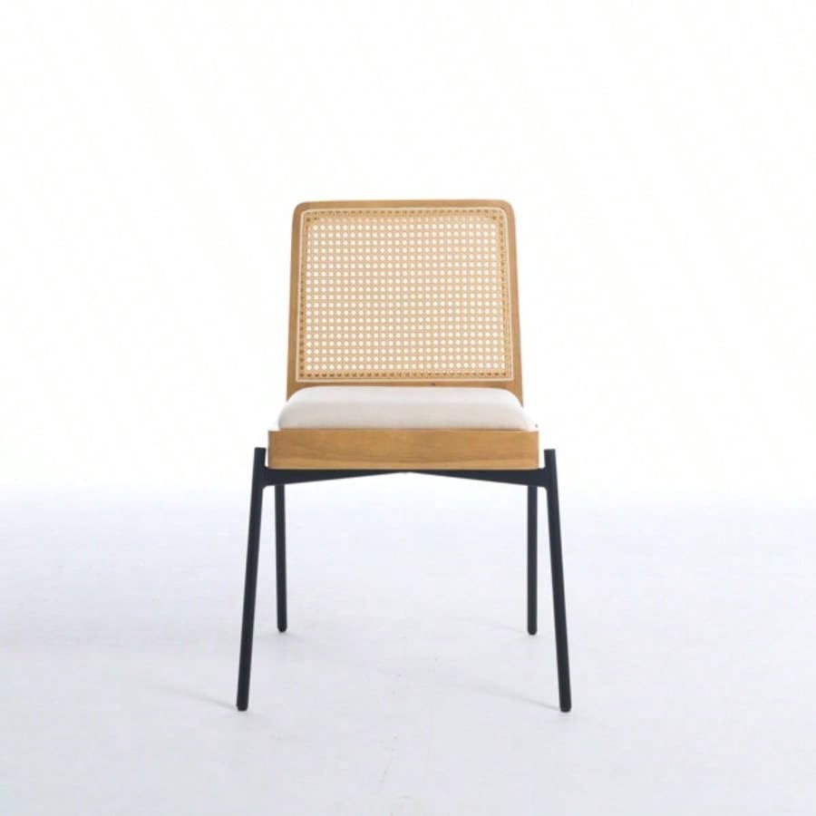 Mid - Dining Chairs Set of 2, Accent Linen Fabric Side Chairs with Rattan Backrest Metal Kitchen Chairs Dining Room Living Room