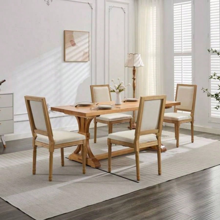 French Decor Chairs Set of 2, Louis Dining Chairs with Square Backrest and Exquisitely Carved Solid Wood Frame Living Room, Kitchen, Restaurant, SW1879BG, Beige