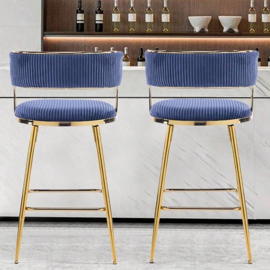 2pcs Thick Corduroy Gold - plated Iron Feet Bar Stool Blue