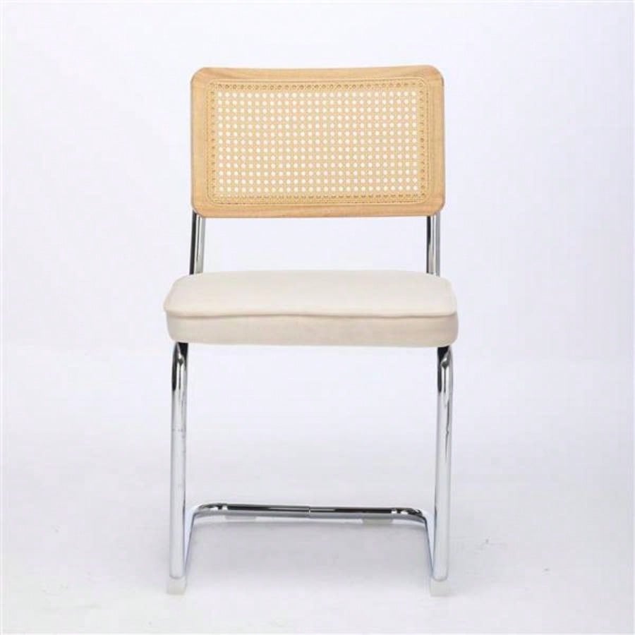 Mid Modern Dining Chairs Set of 2, Velvet Accent Chairs with Natural Cane Back Stainless Base, Famous Breuer Designed Chairs, Upholstered Rattan Kitchen Chairs, Beige