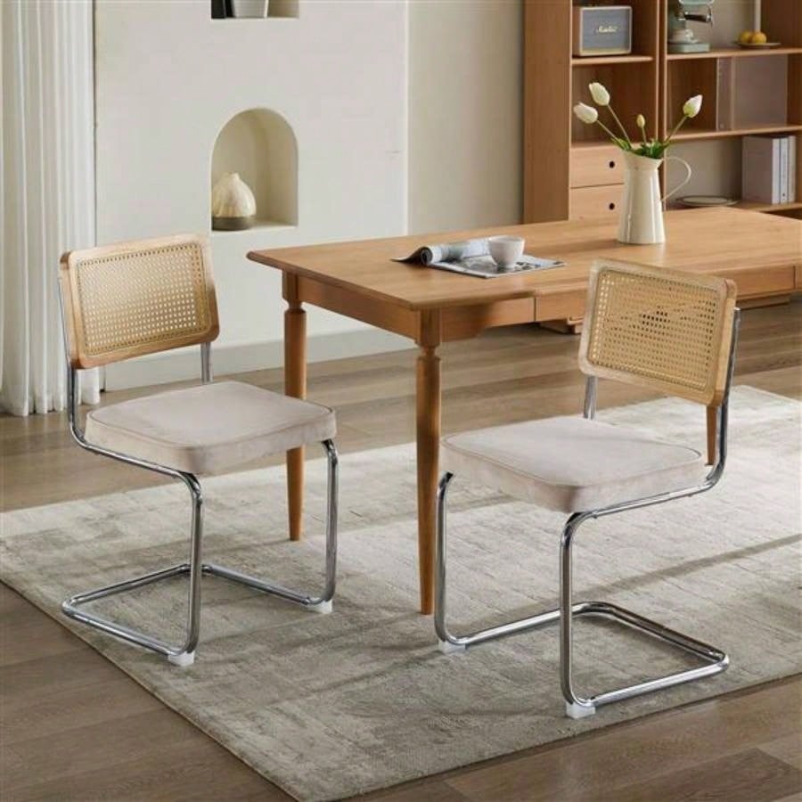 Mid Modern Dining Chairs Set of 2, Velvet Accent Chairs with Natural Cane Back Stainless Base, Famous Breuer Designed Chairs, Upholstered Rattan Kitchen Chairs, Beige