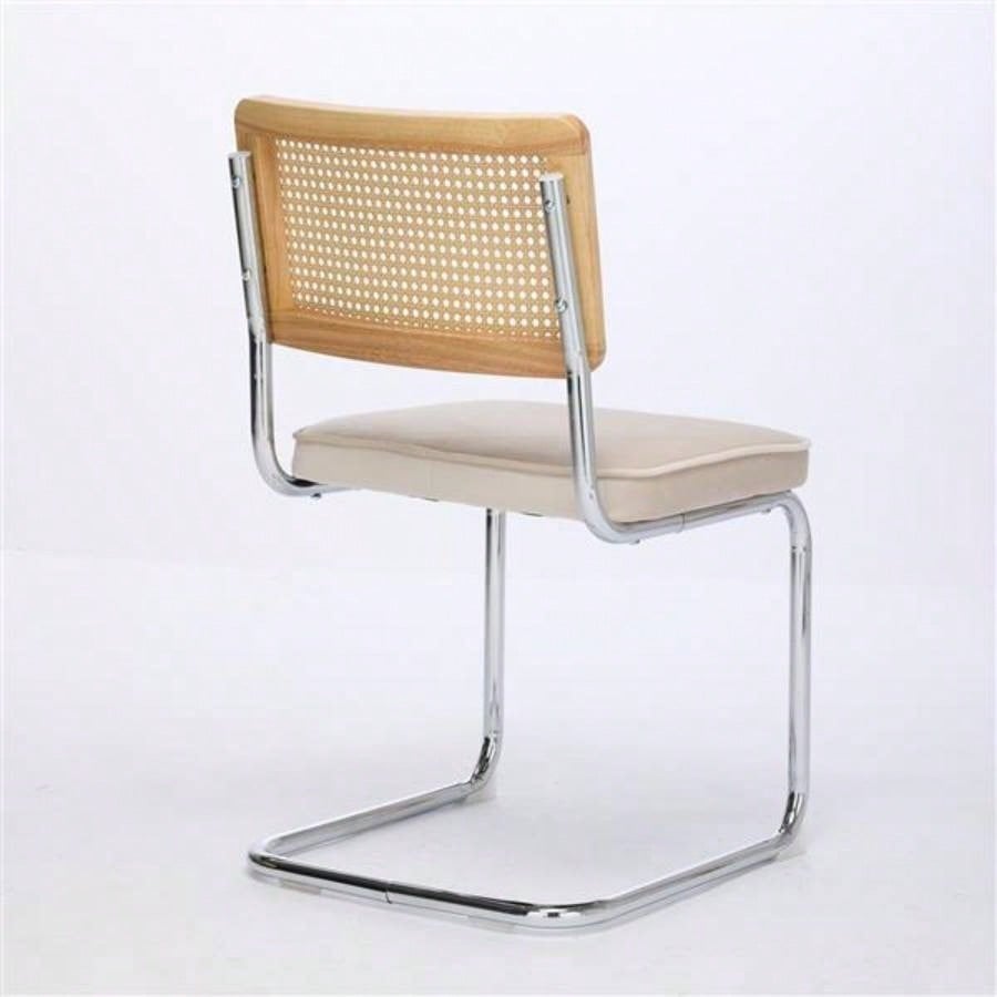 Mid Modern Dining Chairs Set of 2, Velvet Accent Chairs with Natural Cane Back Stainless Base, Famous Breuer Designed Chairs, Upholstered Rattan Kitchen Chairs, Beige