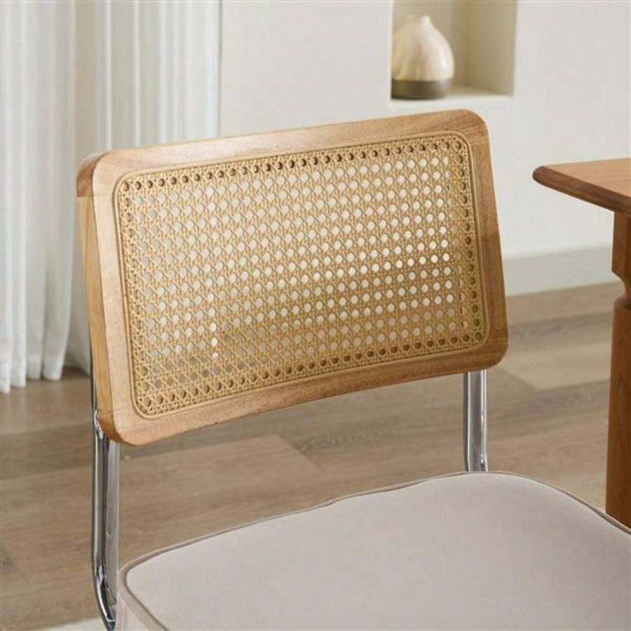 Mid Modern Dining Chairs Set of 2, Velvet Accent Chairs with Natural Cane Back Stainless Base, Famous Breuer Designed Chairs, Upholstered Rattan Kitchen Chairs, Beige