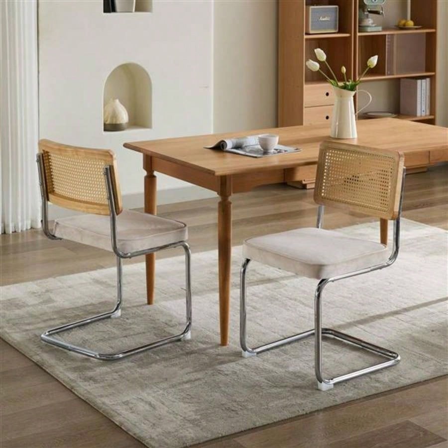 Mid Modern Dining Chairs Set of 2, Velvet Accent Chairs with Natural Cane Back Stainless Base, Famous Breuer Designed Chairs, Upholstered Rattan Kitchen Chairs, Beige