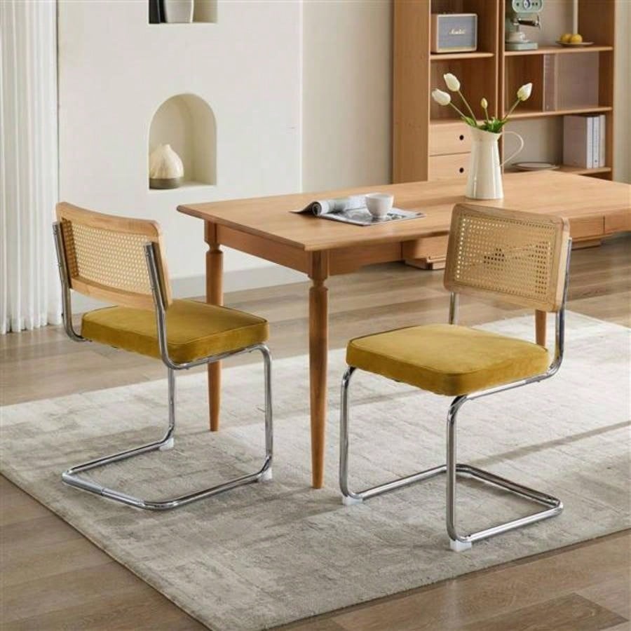 Mid Modern Dining Chairs Set of 2, Velvet Accent Chairs with Natural Cane Back Stainless Base, Famous Breuer Designed Chairs, Upholstered Rattan Kitchen Chairs, Golden