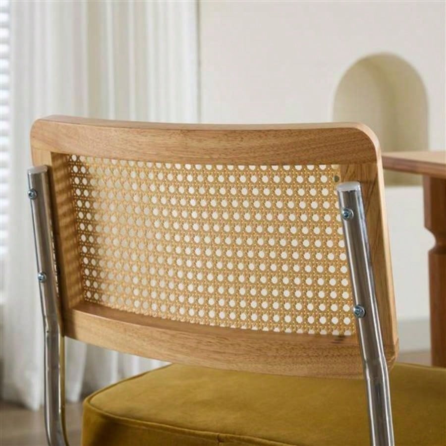 Mid Modern Dining Chairs Set of 2, Velvet Accent Chairs with Natural Cane Back Stainless Base, Famous Breuer Designed Chairs, Upholstered Rattan Kitchen Chairs, Golden