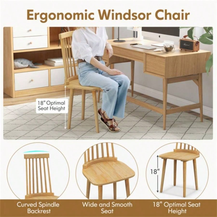 2 PCS Dining Chairs with High Spindle Back and Natural Rubber Wood