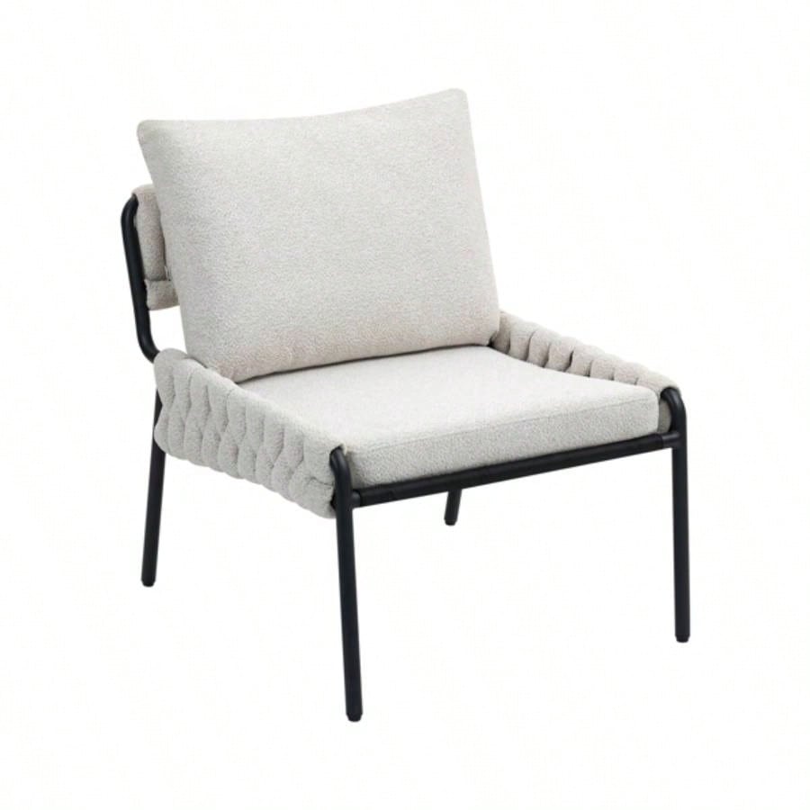 Modern Accent Lounge Chair with Braided Upholstery and Metal Frame, Comfortable Armchair Living Room or Bedroom, Soft Cushioned and Backrest, Set of 1 BEIGE