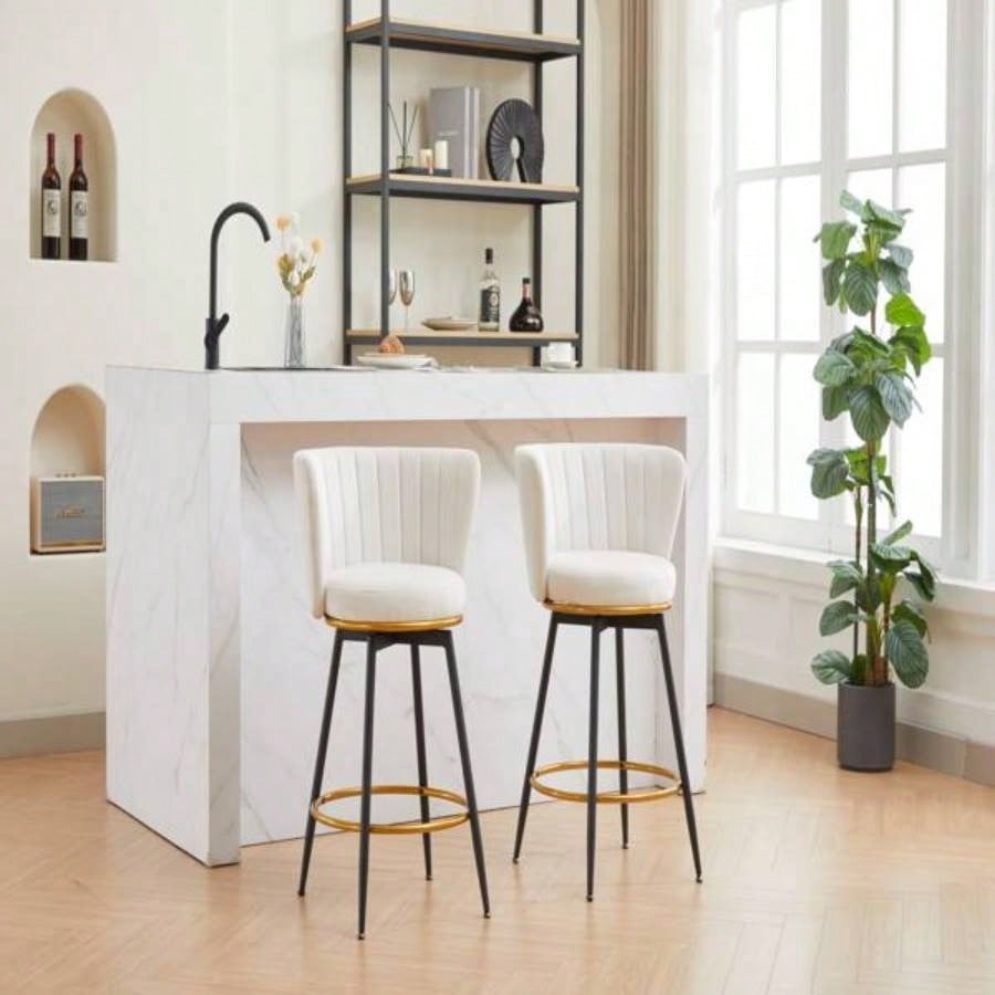 Counter Height Bar Stools Set of 2, 360176; Swivel Upholstered Barstools with Backs and Metal, 26 H Height, Velvet Fabric, Goldy Footrest