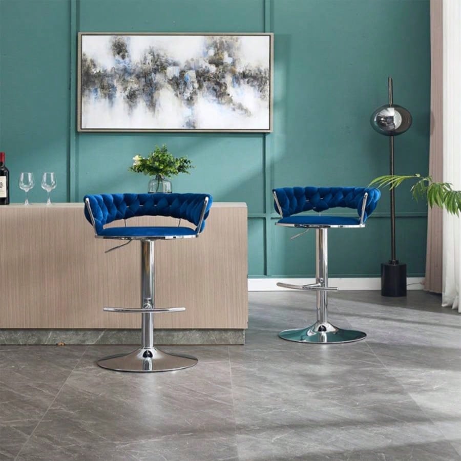 Set of 2 Bar Stools, with Footrest and Base Swivel Height Adjustable Mechanical Lifting Velvet+ Leg Simple Bar Stool - BLUE